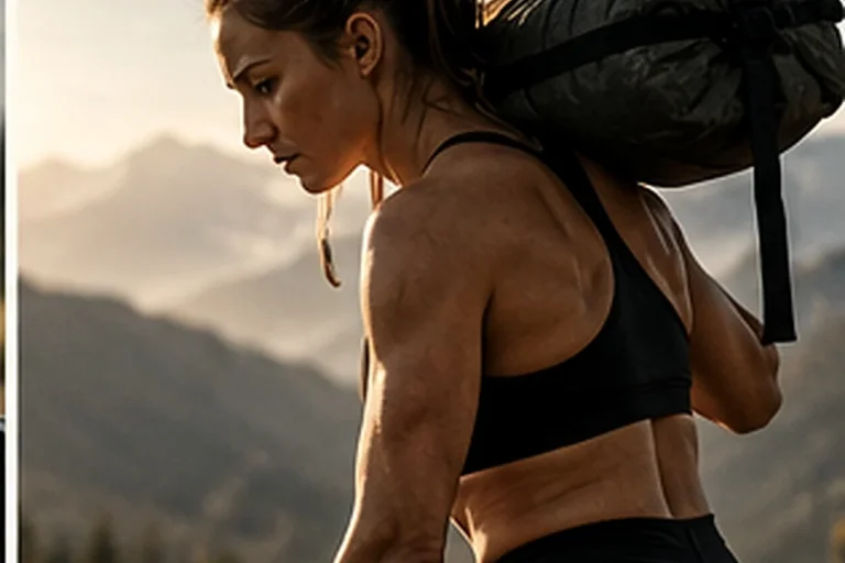An athlete carrying a sandbag across one shoulder outdoors.
