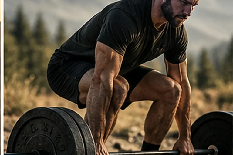 An athlete gripping a loaded barbell outdoors with mountains behind.