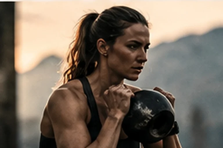 An athlete holding a kettlebell at chest height outdoors.