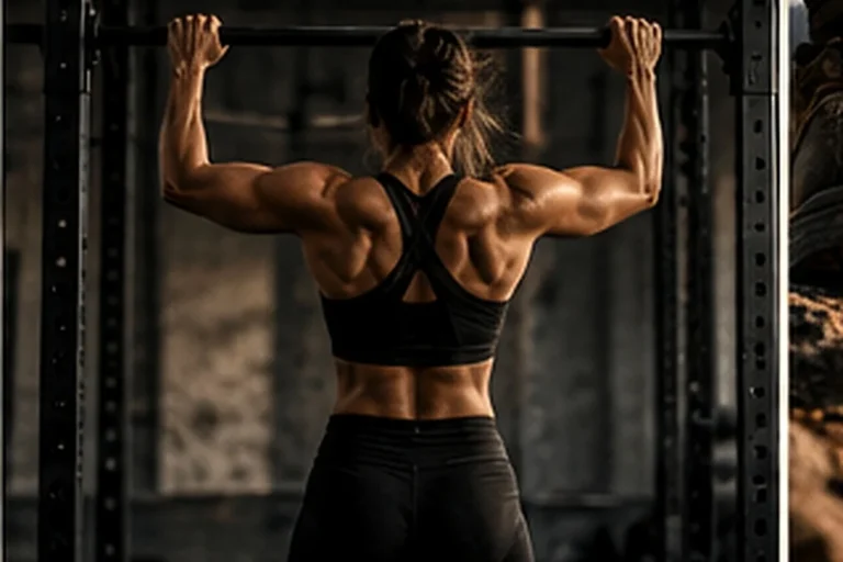An athlete holding a pull-up bar in a gym, viewed from behind.