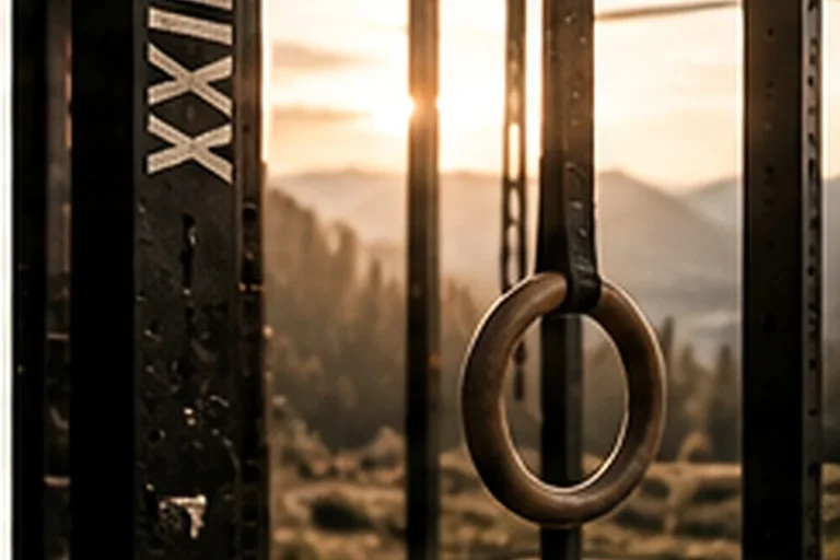 Wooden gymnastic rings hanging from straps beside a sunlit training rack.