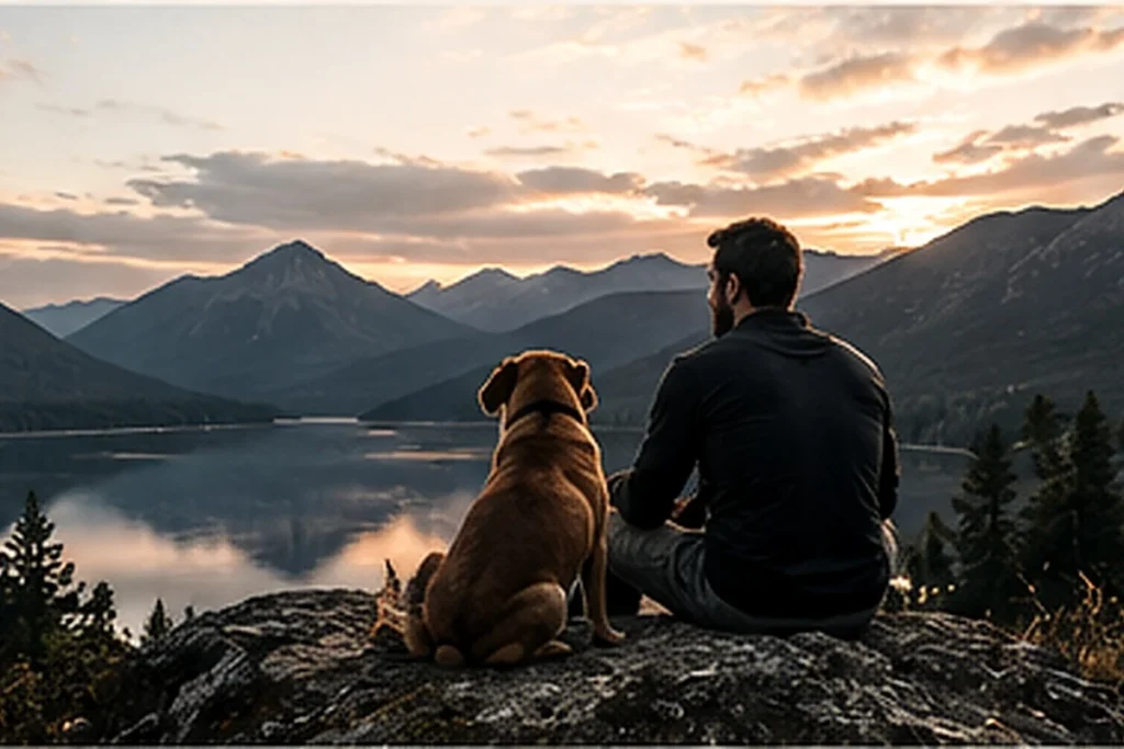 An athlete and a dog sitting above a mountain lake at sunset.