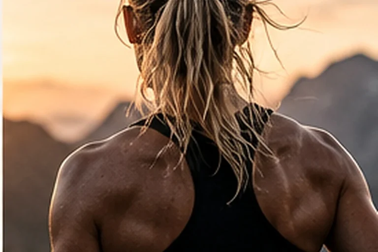 An athlete facing the mountains at sunset, viewed from behind.