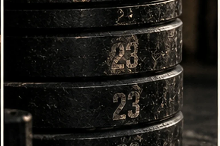 A stack of worn weight plates marked 23.