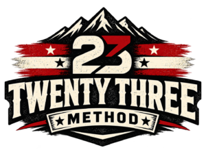 Twenty Three Method mountain and 23 badge in red, cream and black.